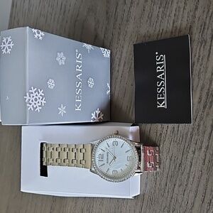 Kessaris Watch Womens Silver Tone Stainless Steel White Dial Rhinestones NEW